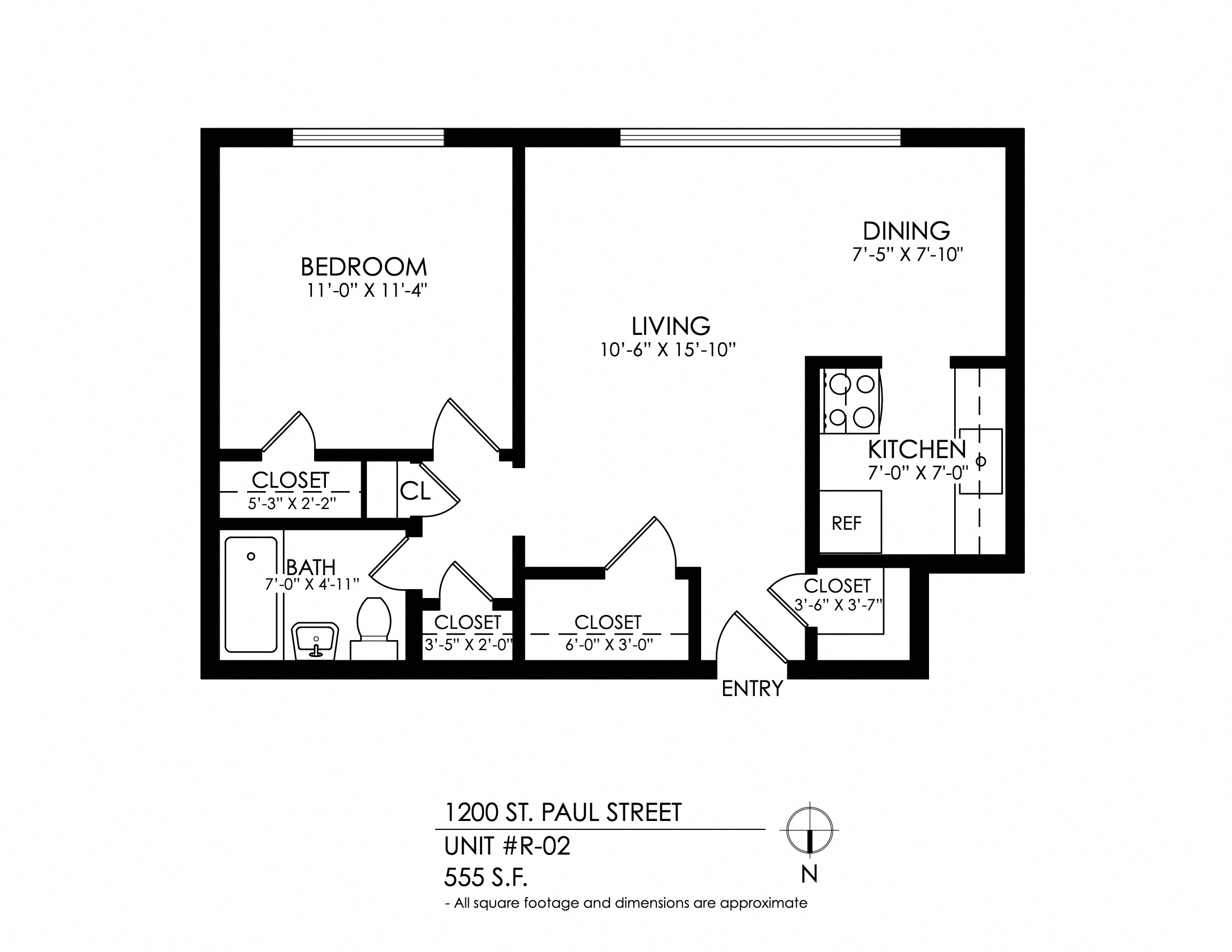 Floor plan for 1 bed, 1 bath, 555 sqft